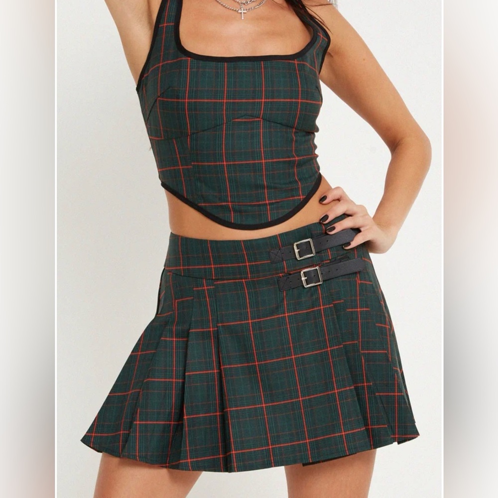 2pc Motel Rocks Dark Green Plaid Mini Skirt set with Orange Check
